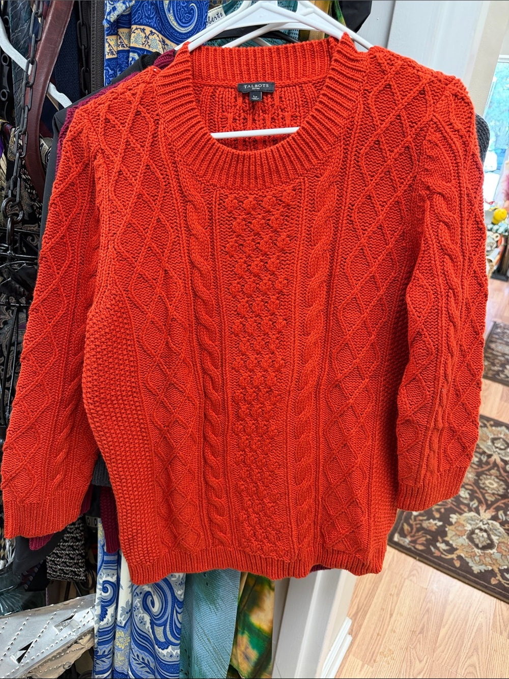 Talbots Bright Orange Cable Knit Crewneck Sweater